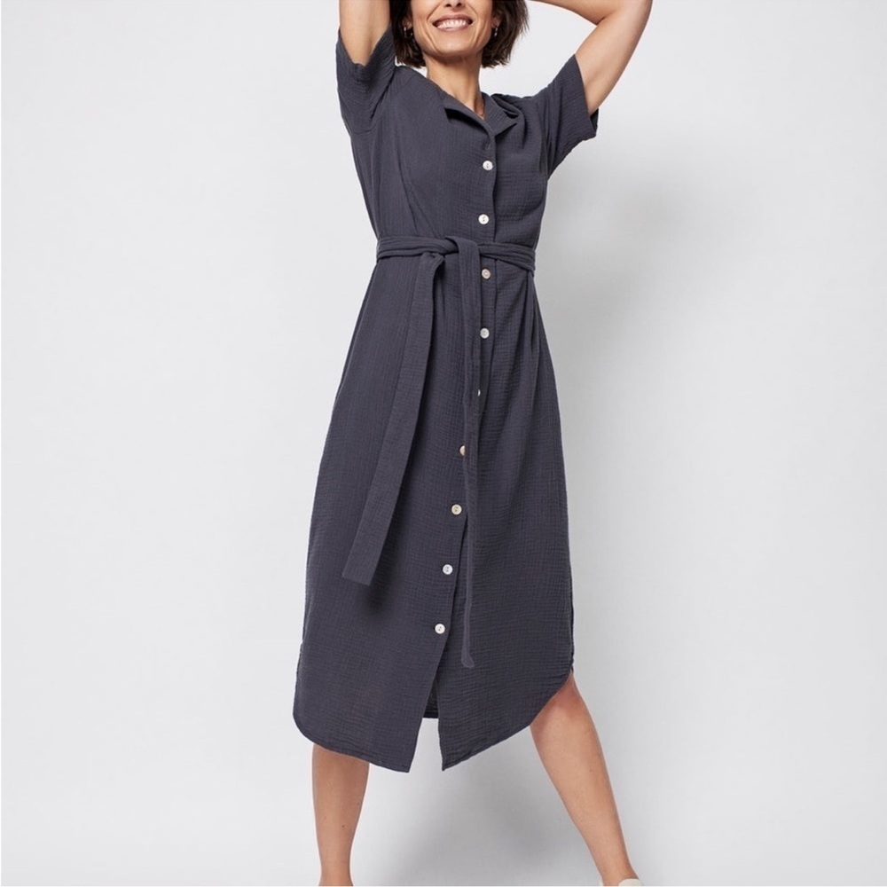 Faherty Notlita Slate Gray cotton Guaze Midi Dress with Button front M